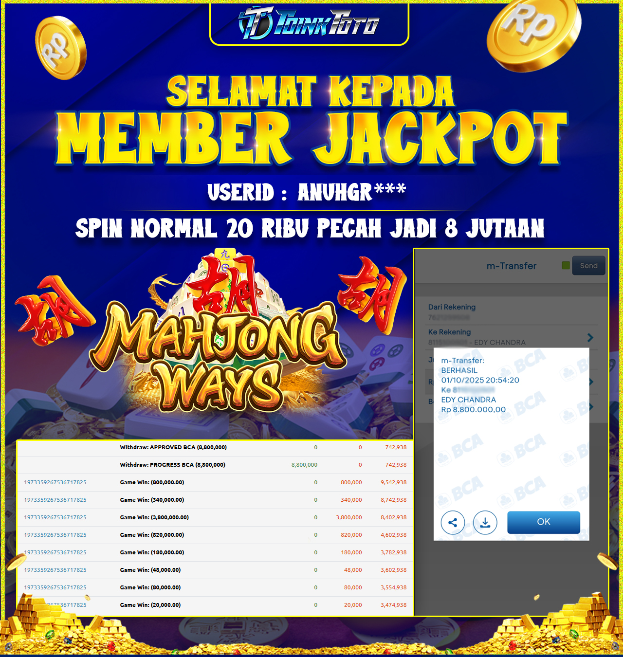 TOINKTOTO JACKPOT GAME SLOT MAHJONG WAYS PG SOFT Rp.8.800.000.,- LUNAS